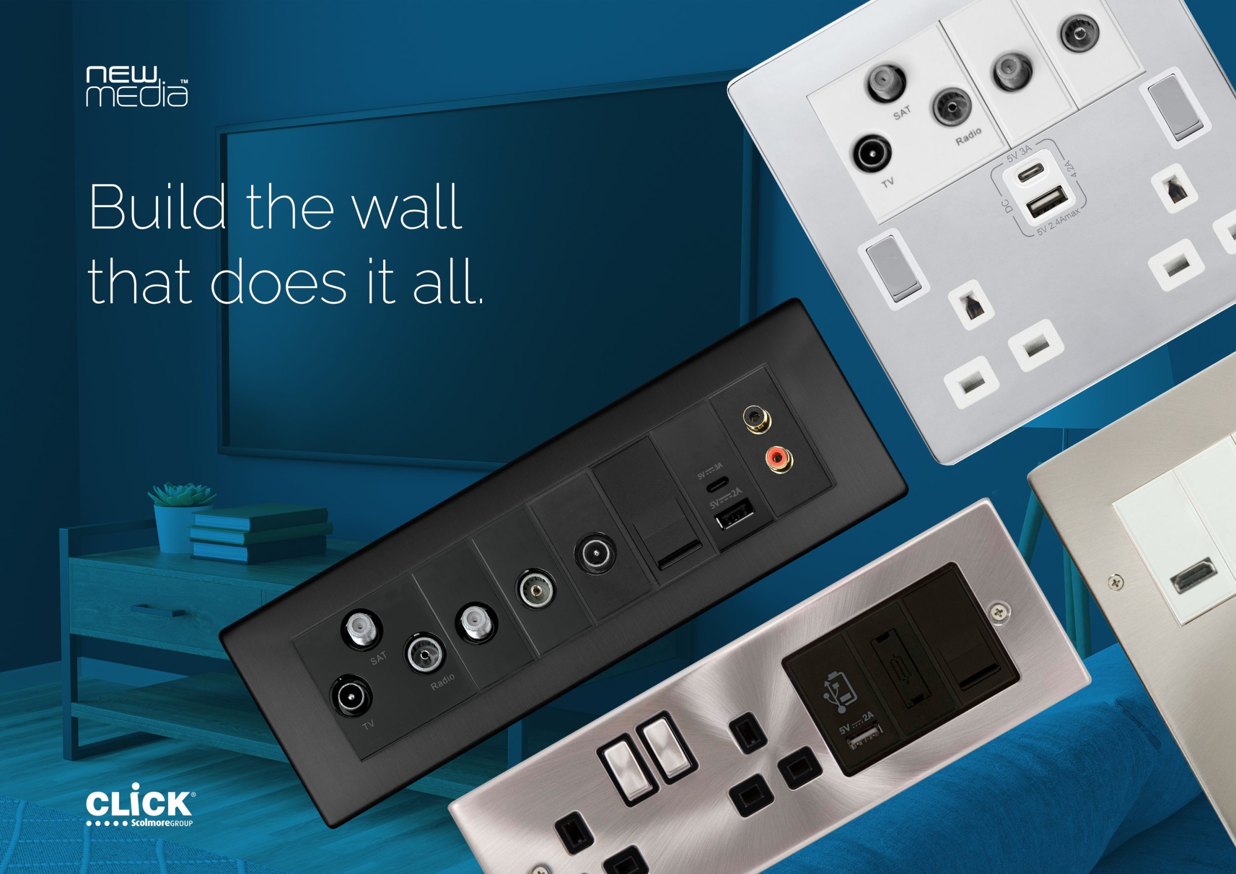 Click new media plates with logo Click Scolmore adds new products and finishes to its New Media range